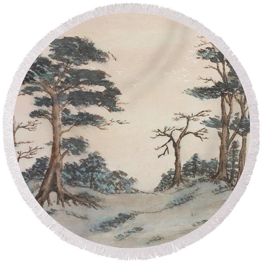 Chinese Watercolor Round Beach Towel featuring the painting Flying White Birds  by Jenny Sanders