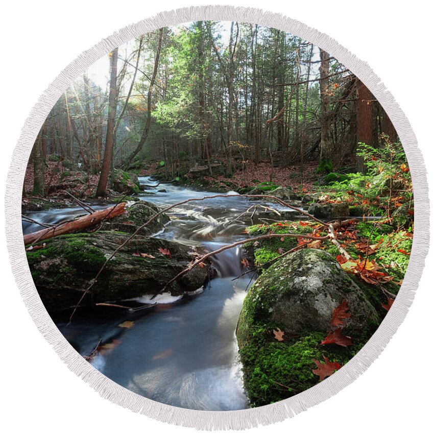 Trout Brook Reservation Holden Jefferson Ma Mass Massachusetts New England Newengland U.s.a. Usa Outside Outdoors Nature Landscape Natural Sun Star Sunstar River Stream Moss Mossy Forest Woods Trees Brian Hale Brianhalephoto Round Beach Towel featuring the photograph The Forest Stream by Brian Hale