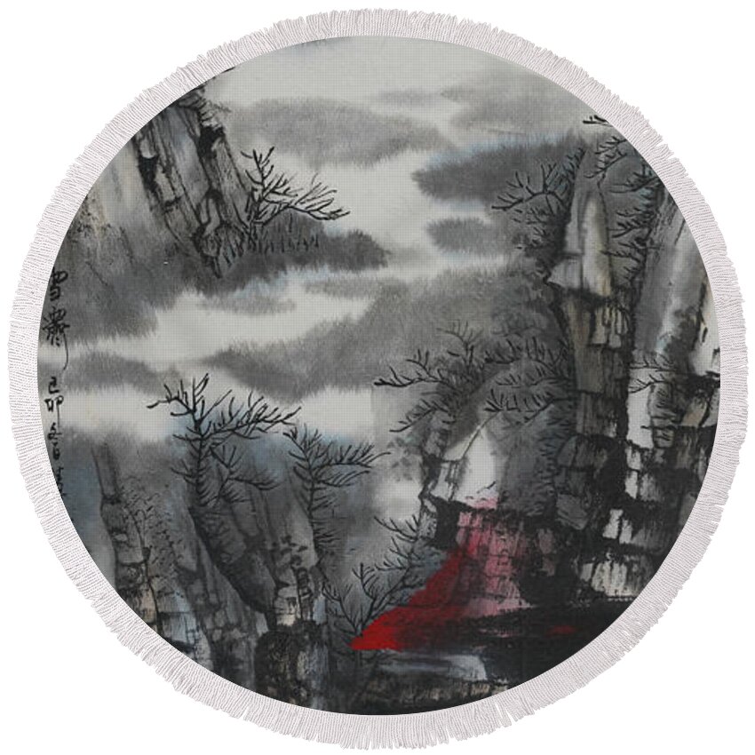 Chinese Watercolor Round Beach Towel featuring the painting The Four Seasons Version 1 - Winter by Jenny Sanders