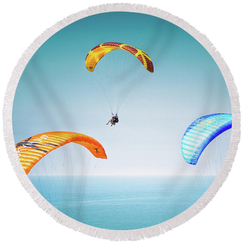 Paragliding Round Beach Towel featuring the photograph The Glide by Becqi Sherman