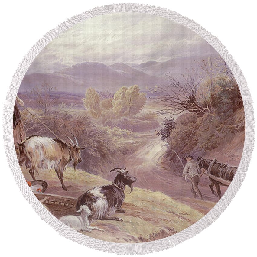 The Goat Herd Round Beach Towel featuring the painting The Goat Herd, 19th century by Myles Birket Foster