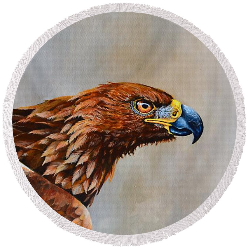 Birds Round Beach Towel featuring the painting The Golden Eagle by Dana Newman