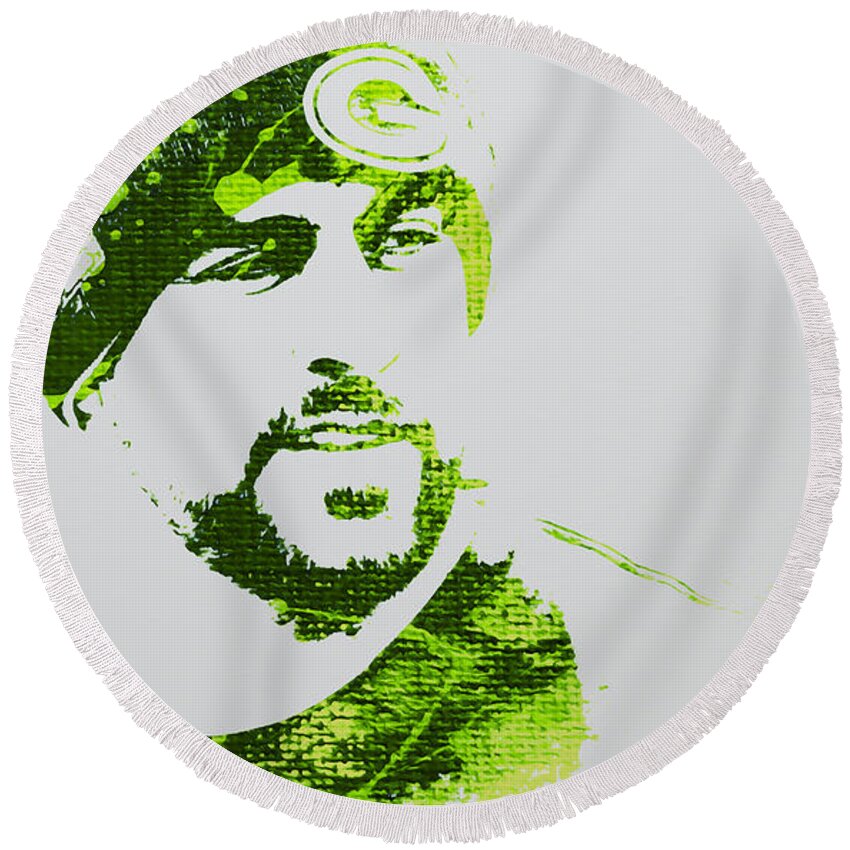 Aaron Rodgers Round Beach Towel featuring the mixed media The Green Bay Packers Aaron Rodgers 7f by Brian Reaves