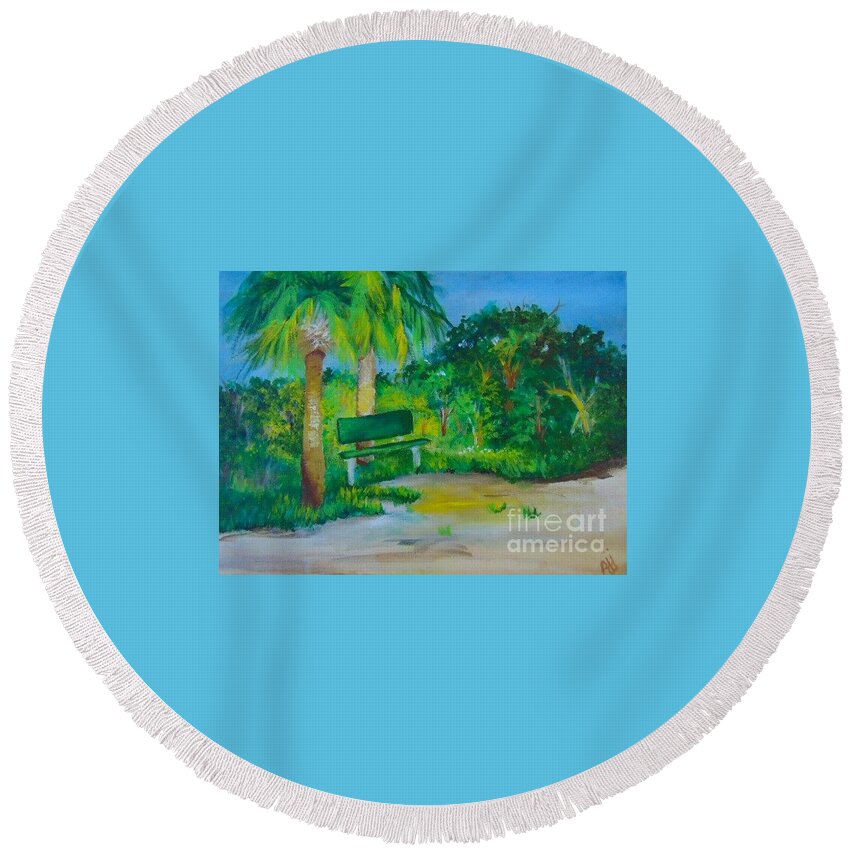 Green Round Beach Towel featuring the painting The Green Bench by Saundra Johnson