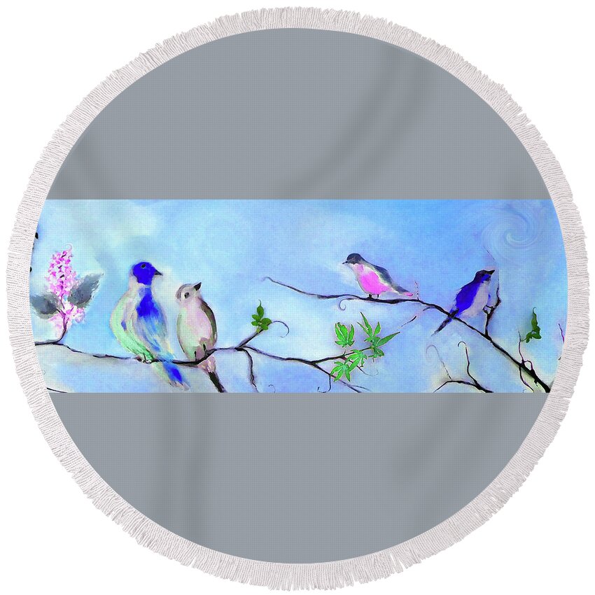 Birds Round Beach Towel featuring the digital art The Greenest Leaves Painting by Lisa Kaiser