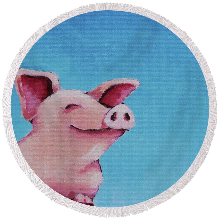 Pig Round Beach Towel featuring the painting The happiest Pig by Lucia Stewart