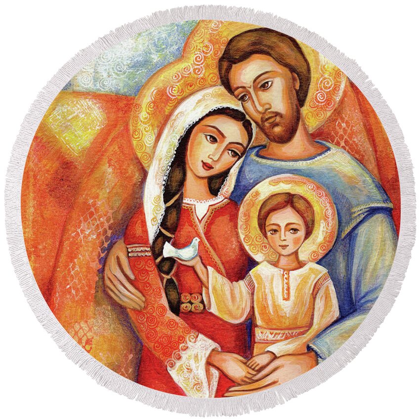Holy Family Round Beach Towel featuring the painting The Holy Family by Eva Campbell