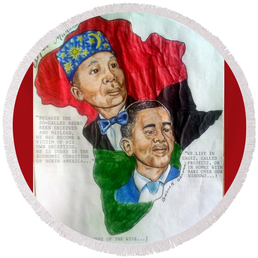 Blak Art Round Beach Towel featuring the drawing The Honorable Elijah Muhammad and President Barack Obama by Joedee