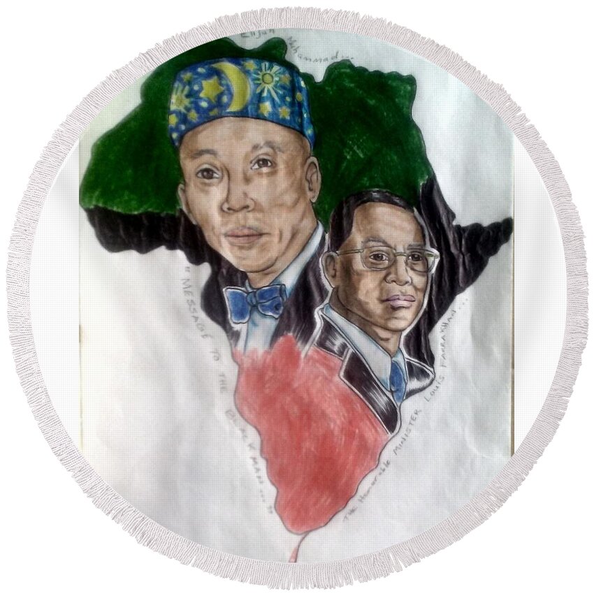 Blak Art Round Beach Towel featuring the drawing The Honorable Elijah Muhammad and the Minister Louis Farrakhan by Joedee