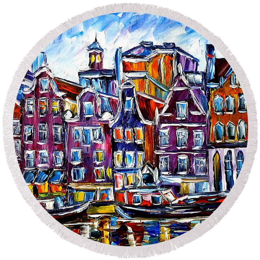 Beautiful Amsterdam Round Beach Towel featuring the painting The Houses Of Amsterdam by Mirek Kuzniar