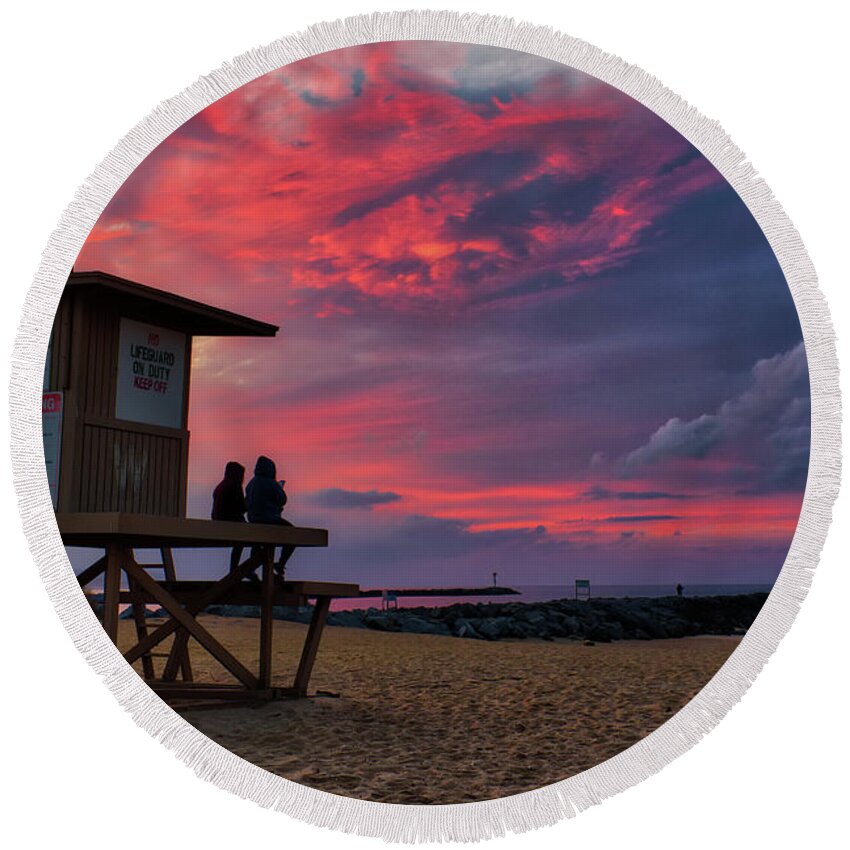Last Round Beach Towel featuring the photograph The Last Sunrise of 2018 At The Wedge by Eddie Yerkish