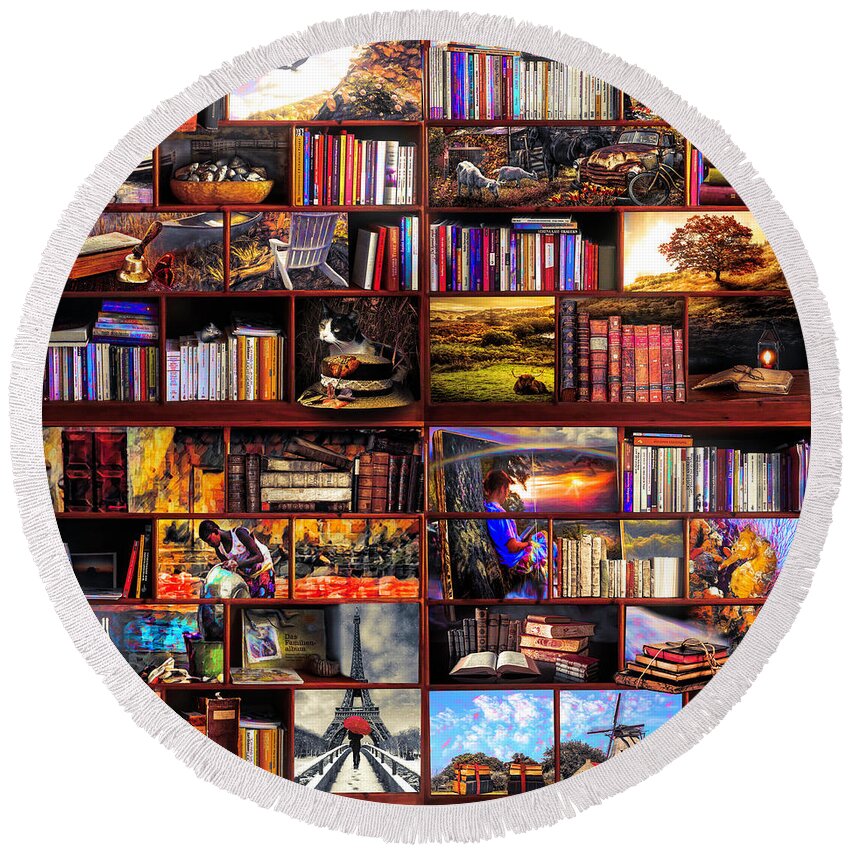 Boats Round Beach Towel featuring the digital art The Library The Golden Travel Section by Debra and Dave Vanderlaan