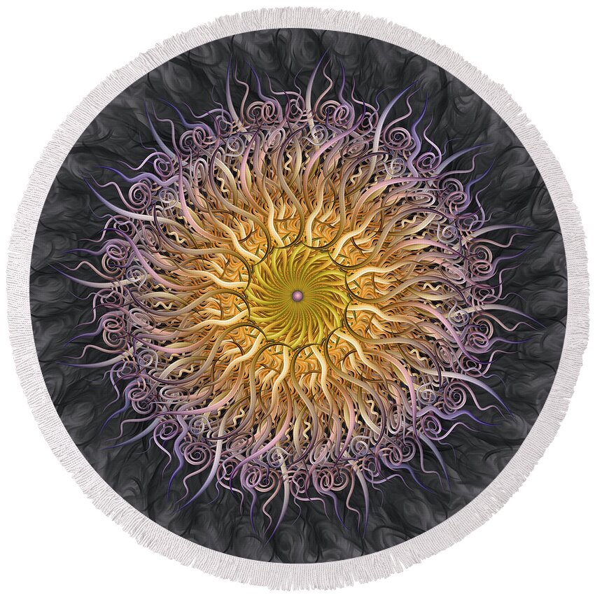 Pinwheel Mandala Round Beach Towel featuring the digital art The Lights Of Spiral Serenity by Becky Titus