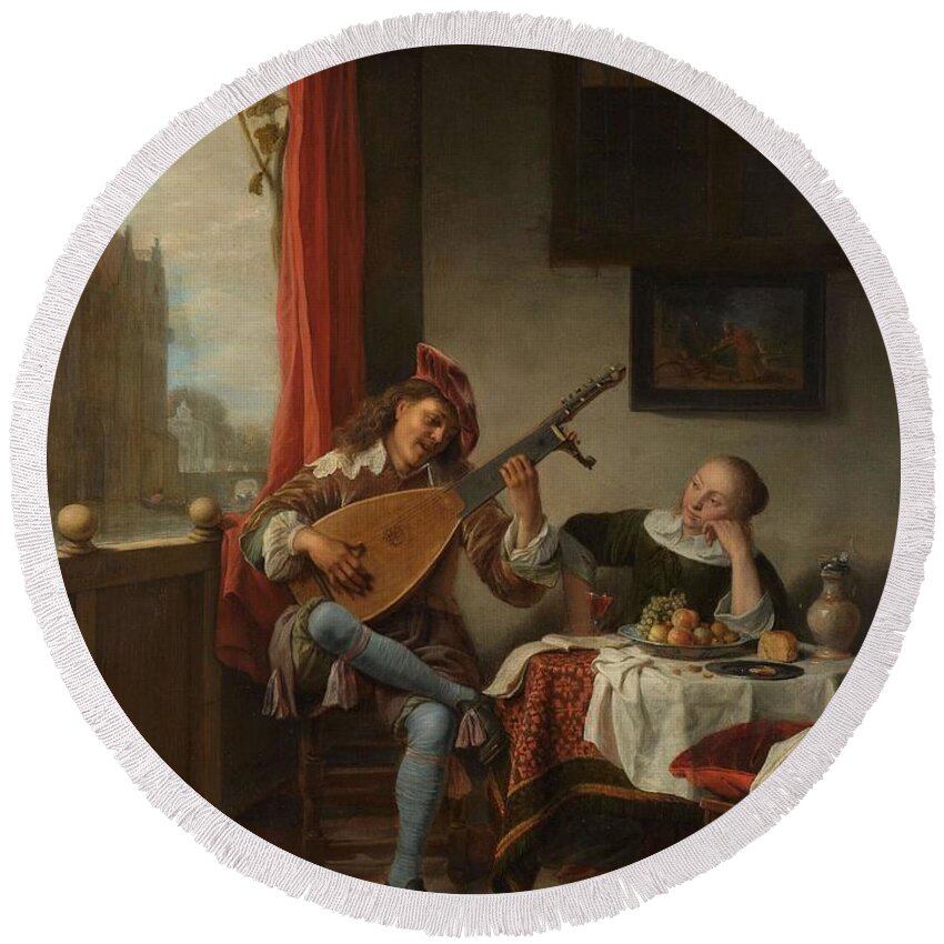Hendrick Martensz. Sorgh Round Beach Towel featuring the painting The Lutenist. Lute Player. by Hendrick Martensz Sorgh