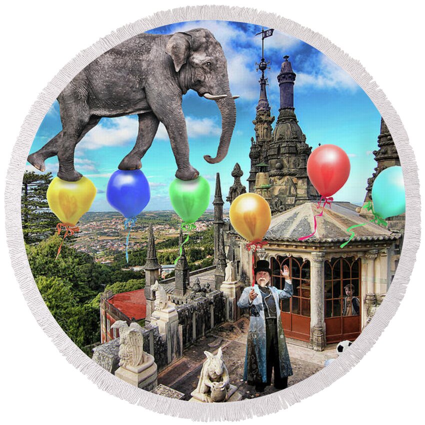 Elephant Round Beach Towel featuring the photograph The Magician on the Roof by Aleksander Rotner