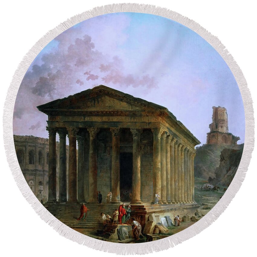 Maison Carée Round Beach Towel featuring the digital art The Maison Caree the Arenas and the Magne Tower in Nimes by Hubert Robert by Rolando Burbon