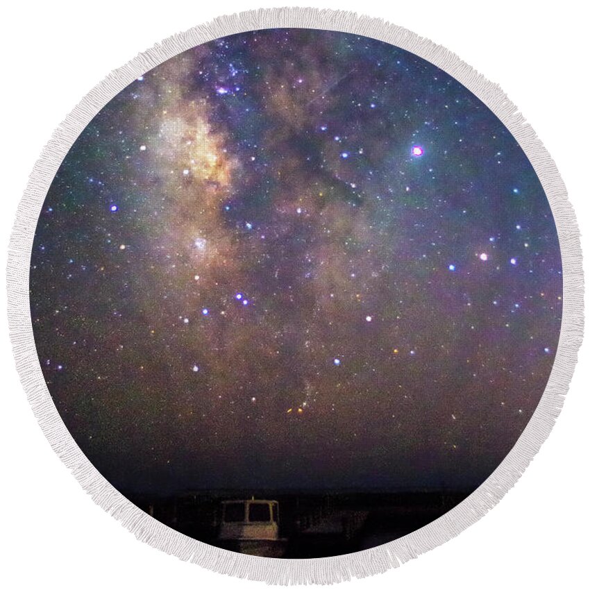 Milkyway Round Beach Towel featuring the photograph The Milkyway Over Harkers Island Boats by Bob Decker