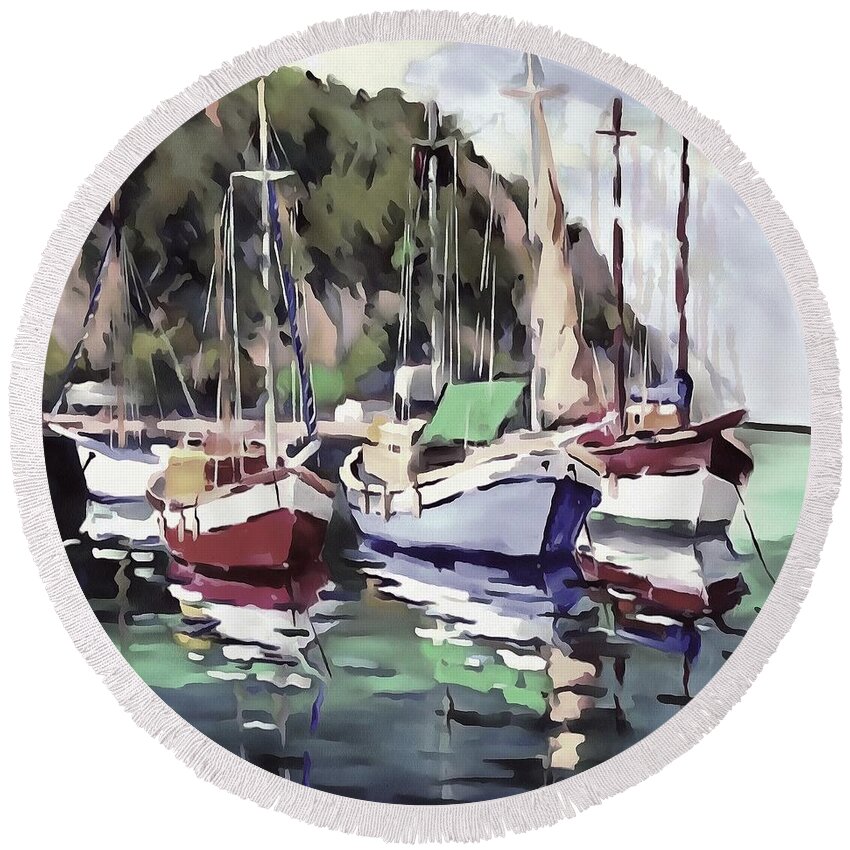 Boat Round Beach Towel featuring the painting The Mooring by Taiche Acrylic Art