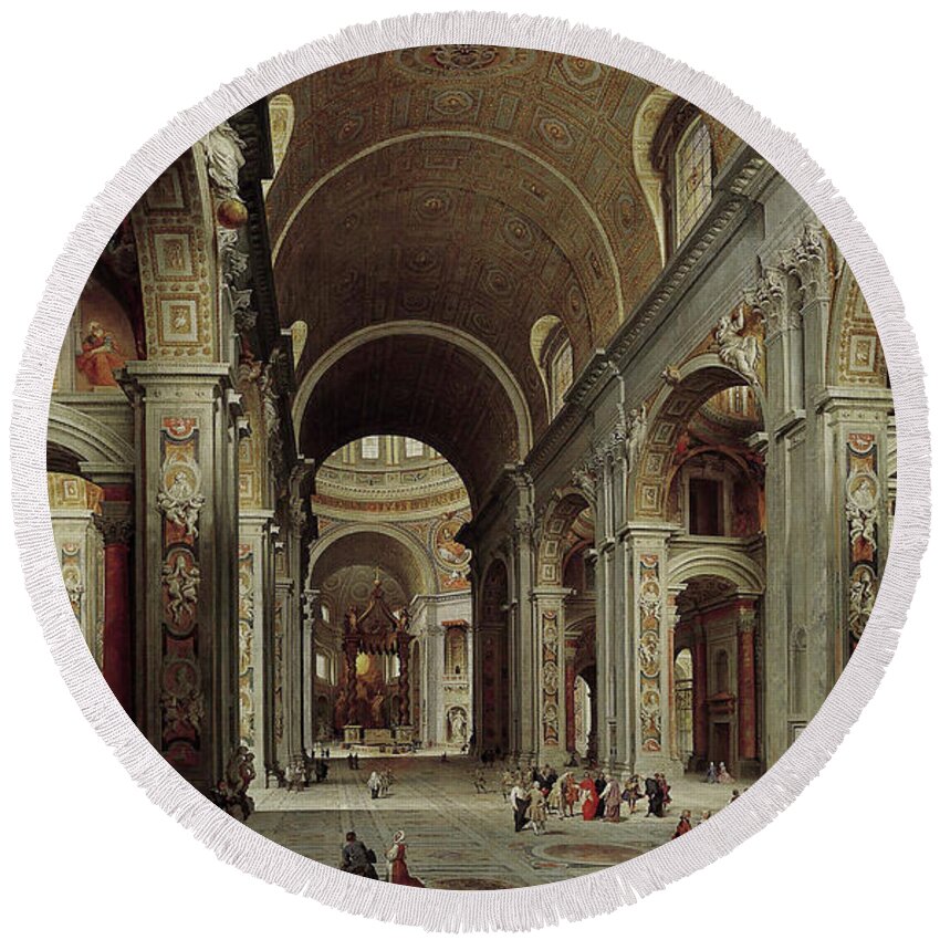 The Nave Of St. Peter's Basilica Round Beach Towel featuring the painting The Nave of St Peter's Basilica in the Vatican c1735 by Giovanni Paolo Pannini by Rolando Burbon