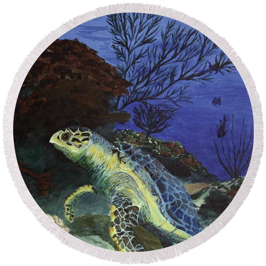 Hawkbill Round Beach Towel featuring the painting The Newcomer by Megan Collins