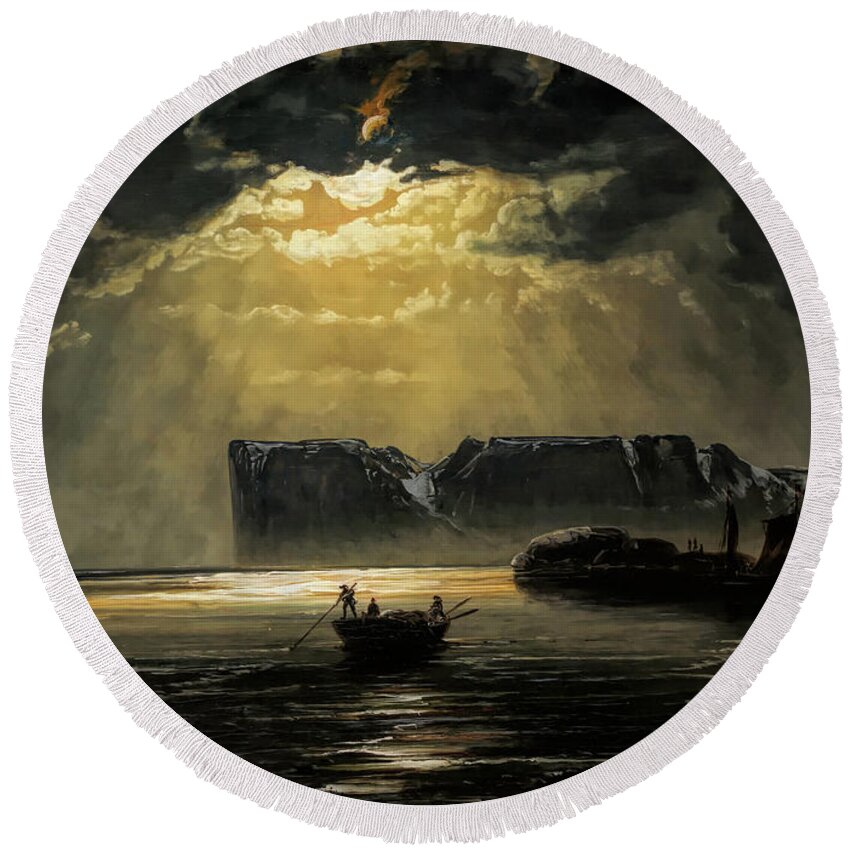 Peder Balke Round Beach Towel featuring the painting The North Cape by Moonlight                          by Peder Balke
