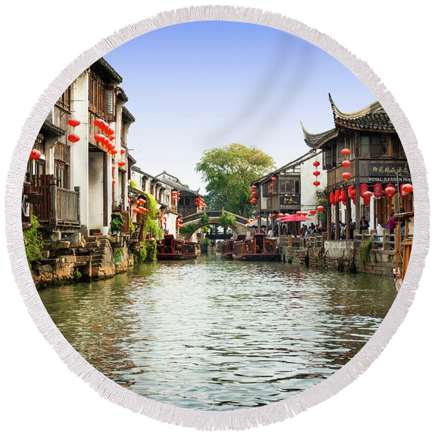 Grand Canal Suzhou Round Beach Towel featuring the photograph The Oriental Venice by Kathryn McBride