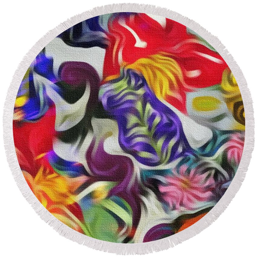 Abstract Art Round Beach Towel featuring the digital art The Power of Flowers by Kathie Chicoine