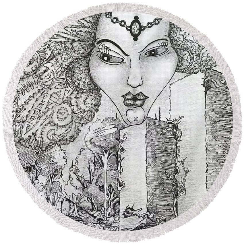  Round Beach Towel featuring the drawing The Queen of Oz by Judy Henninger