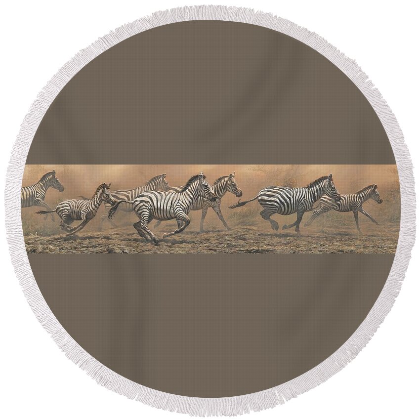Alan M Hunt Round Beach Towel featuring the painting The Race - Zebras by Alan M Hunt