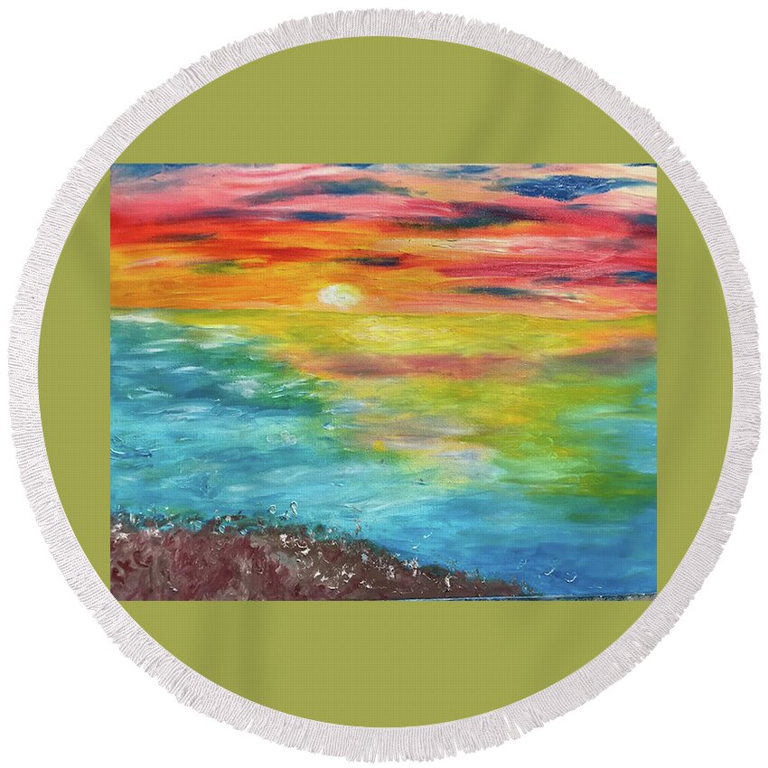 Rainbow Round Beach Towel featuring the painting The Rainbow Sunset by Susan Grunin