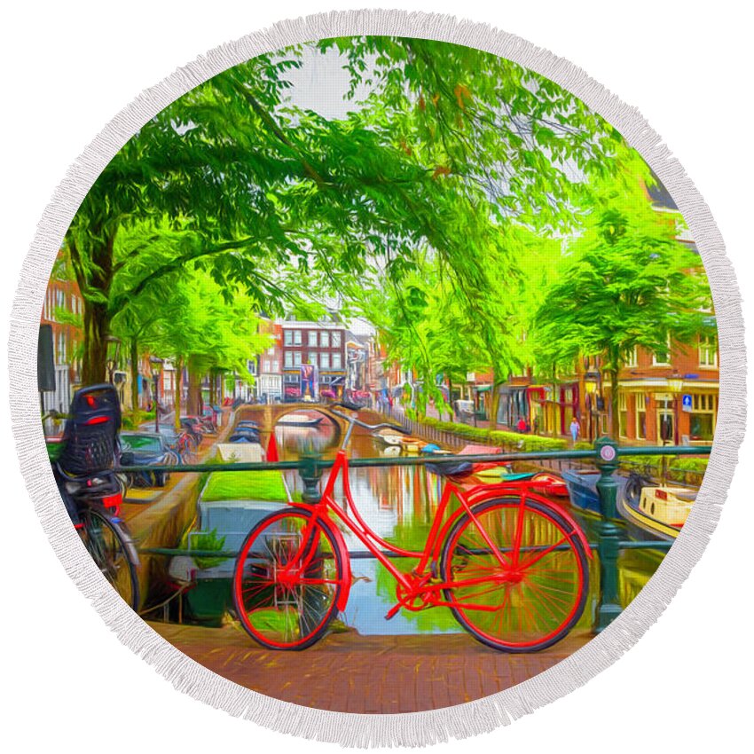 Boats Round Beach Towel featuring the photograph The Red Bike in Amsterdam Painting by Debra and Dave Vanderlaan