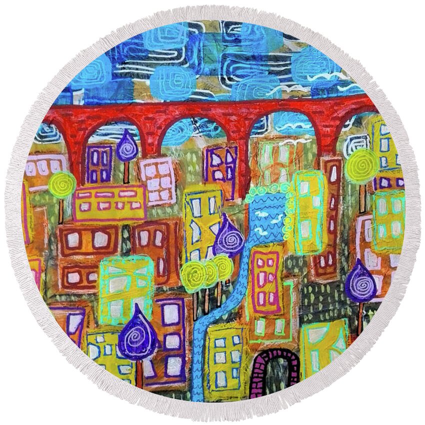 Red Bridge Round Beach Towel featuring the mixed media The Red Bridge by Mimulux Patricia No