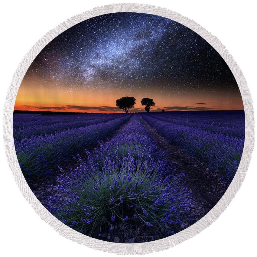 Lavender Round Beach Towel featuring the photograph The rise of dawn by Jorge Maia