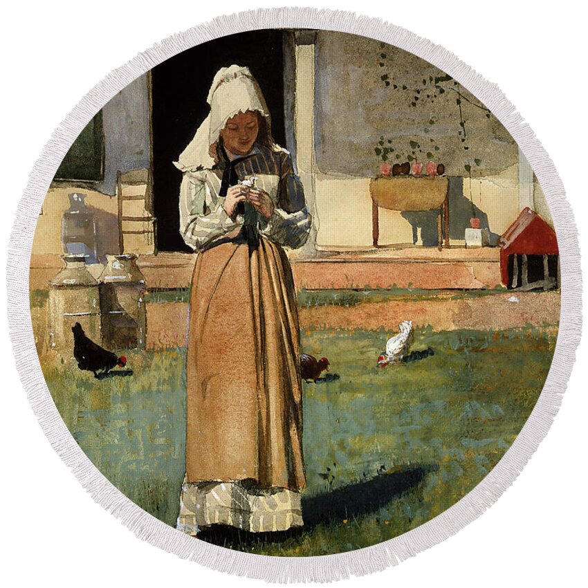 The Sick Chicken Round Beach Towel featuring the painting The Sick Chicken by Winslow Homer 1874 by Movie Poster Prints