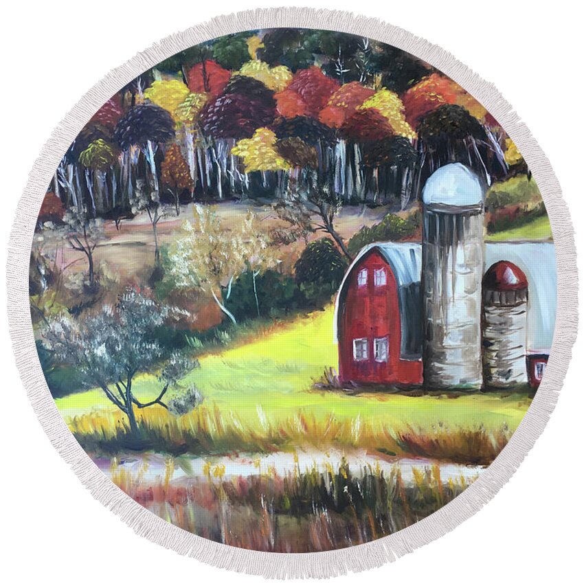 Barn Round Beach Towel featuring the painting The Silos by Roxy Rich