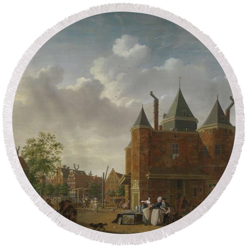 Canvas Round Beach Towel featuring the painting The Sint-Antoniuswaag in Amsterdam. De Sint-Antoniuswaag in Amsterdam. by Isaac Ouwater