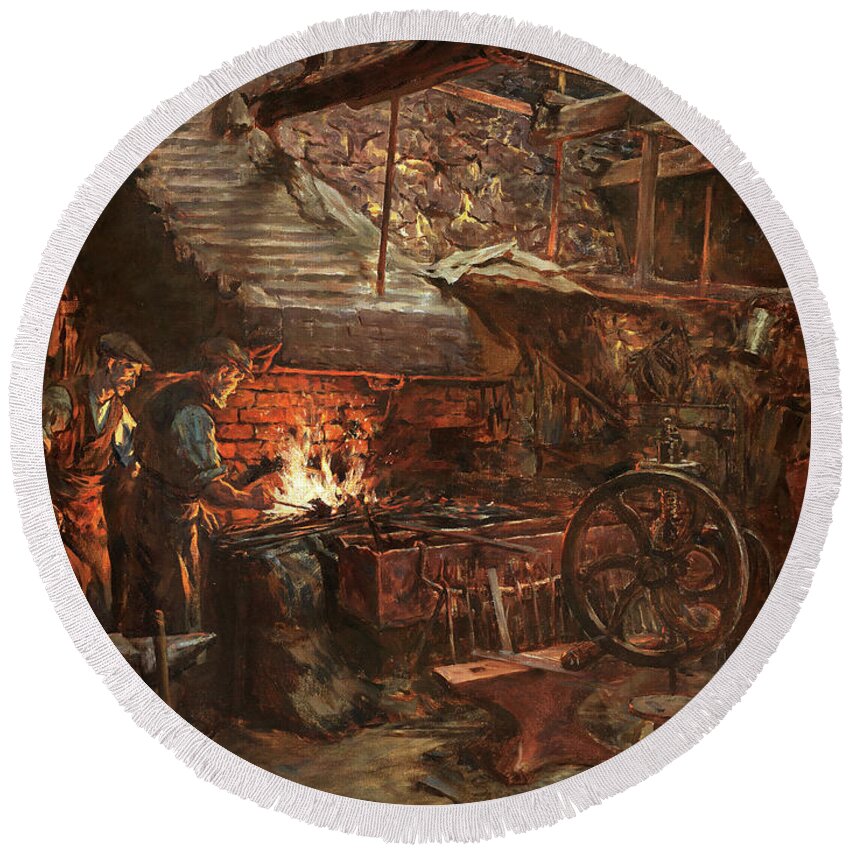 Stanhope Alexander Forbes Round Beach Towel featuring the painting The Smith's Workshop by Stanhope Alexander Forbes