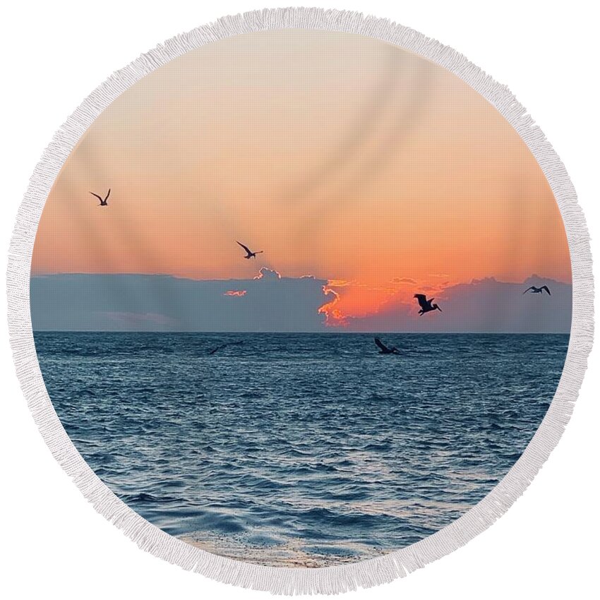 Birds Round Beach Towel featuring the photograph Captiva Island The Sunset Seabird Feast 1 by Shelly Tschupp