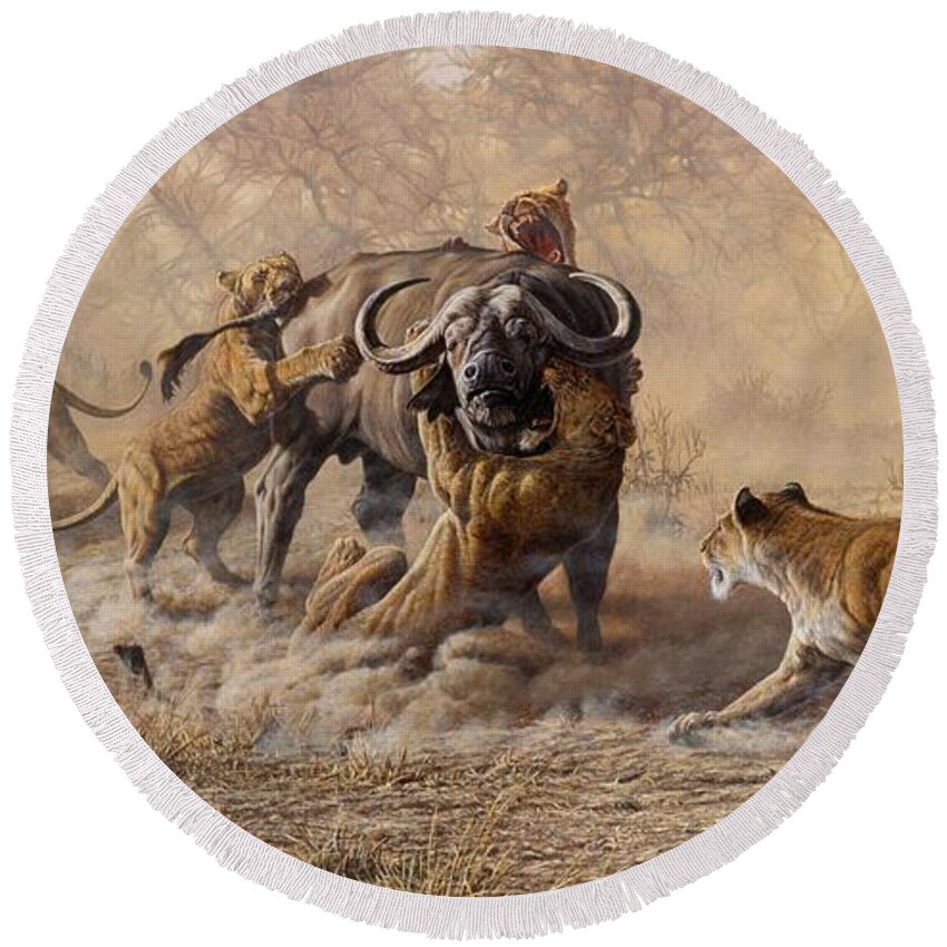 Paintings Round Beach Towel featuring the painting The Take Down - Lions Attacking Cape Buffalo by Alan M Hunt