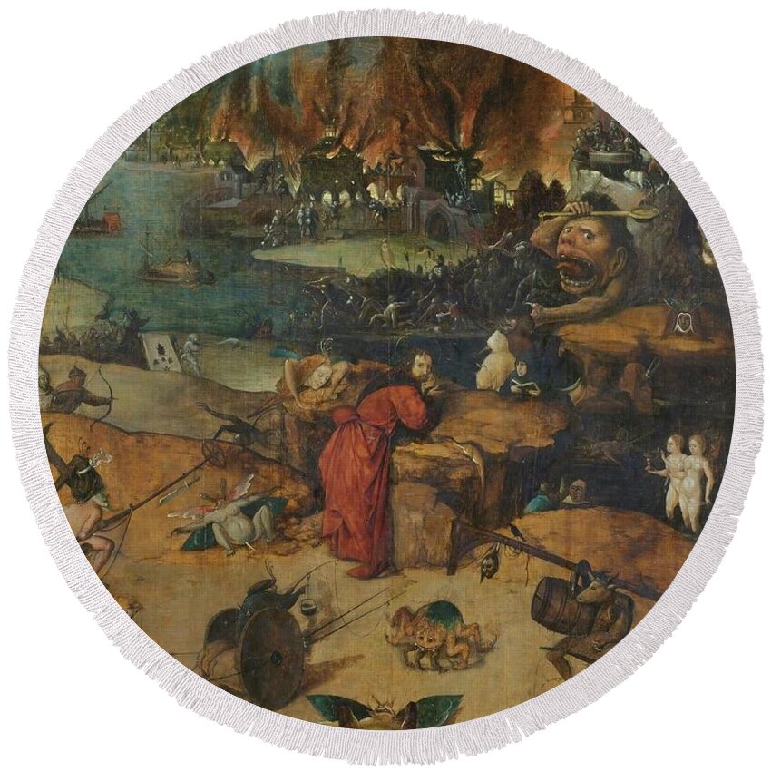 Hieronymus Bosch Round Beach Towel featuring the painting 'The Temptations of Saint Anthony'. 1550 - 1560. Oil on oak panel. by Hieronymus Bosch -c 1450-1516-