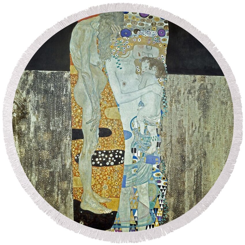 Gustav Klimt Round Beach Towel featuring the painting 'The Three Ages of Woman', 1905, Oil on canvas, 180 x 180. by Gustav Klimt -1862-1918-