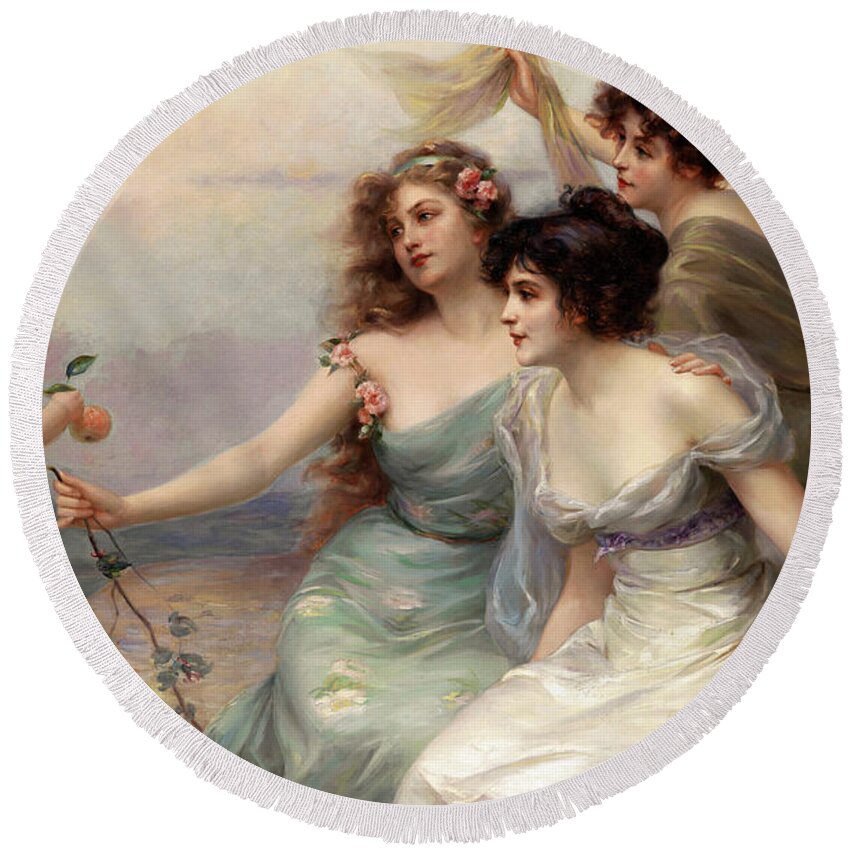 The Three Graces Round Beach Towel featuring the painting The Three Graces Die drei Grazien by Edouard Bisson by Rolando Burbon