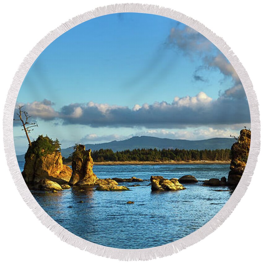 Pacific Round Beach Towel featuring the photograph The Three Graces, Tillamook Bay Oregon, Oregon Coast by TL Mair