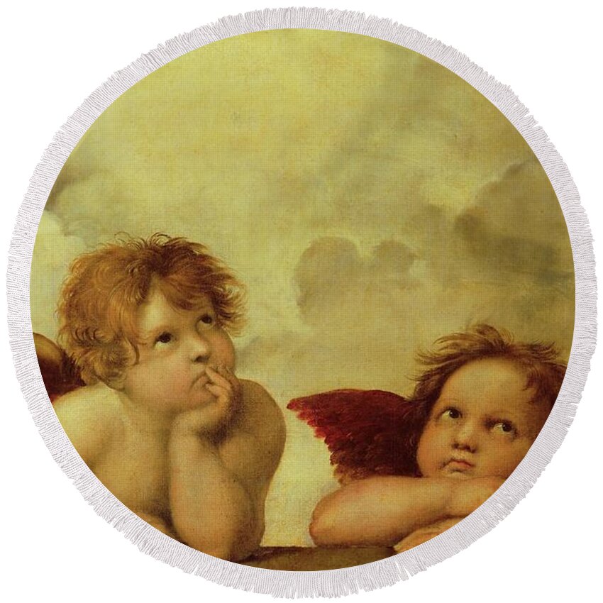 Raphael Round Beach Towel featuring the painting The two angels. Detail of the Madonna Sistina -40-07-06/22-. by Raphael -1483-1520-