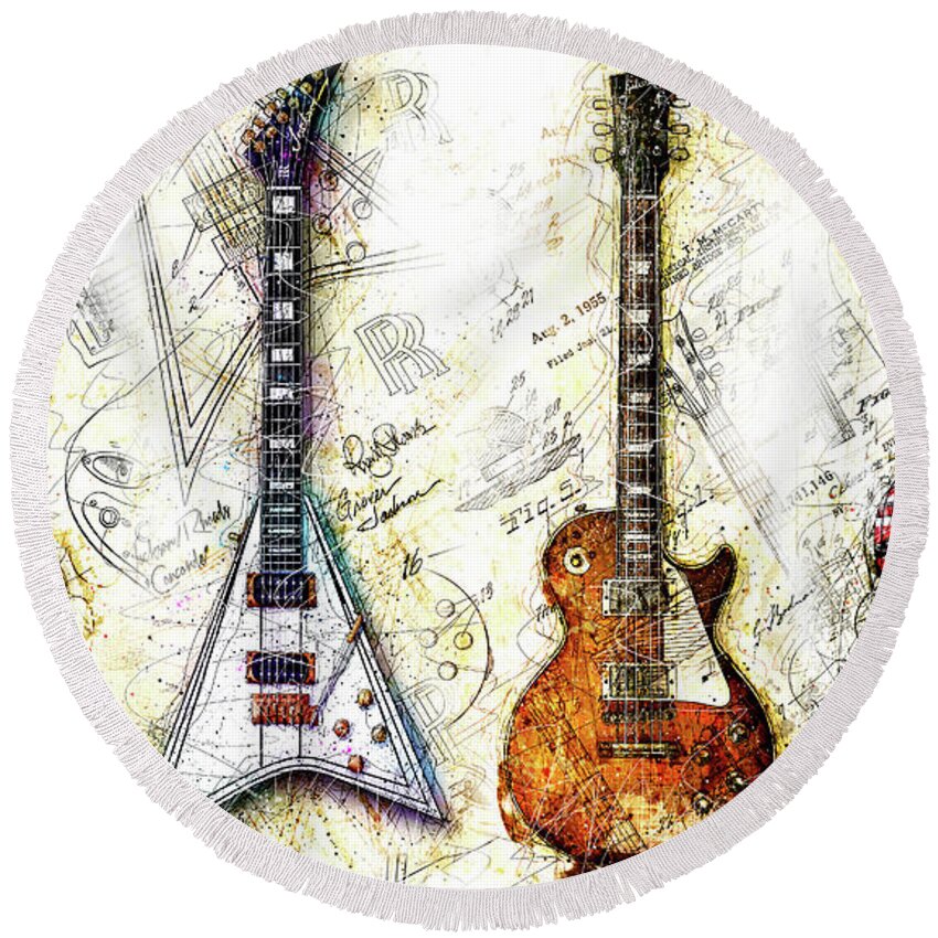 Guitar Round Beach Towel featuring the digital art The Usual Suspects by Gary Bodnar