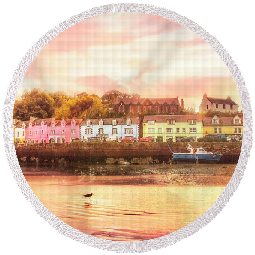 Barns Round Beach Towel featuring the photograph The Village of Portree Scotland Picture Postcard by Debra and Dave Vanderlaan
