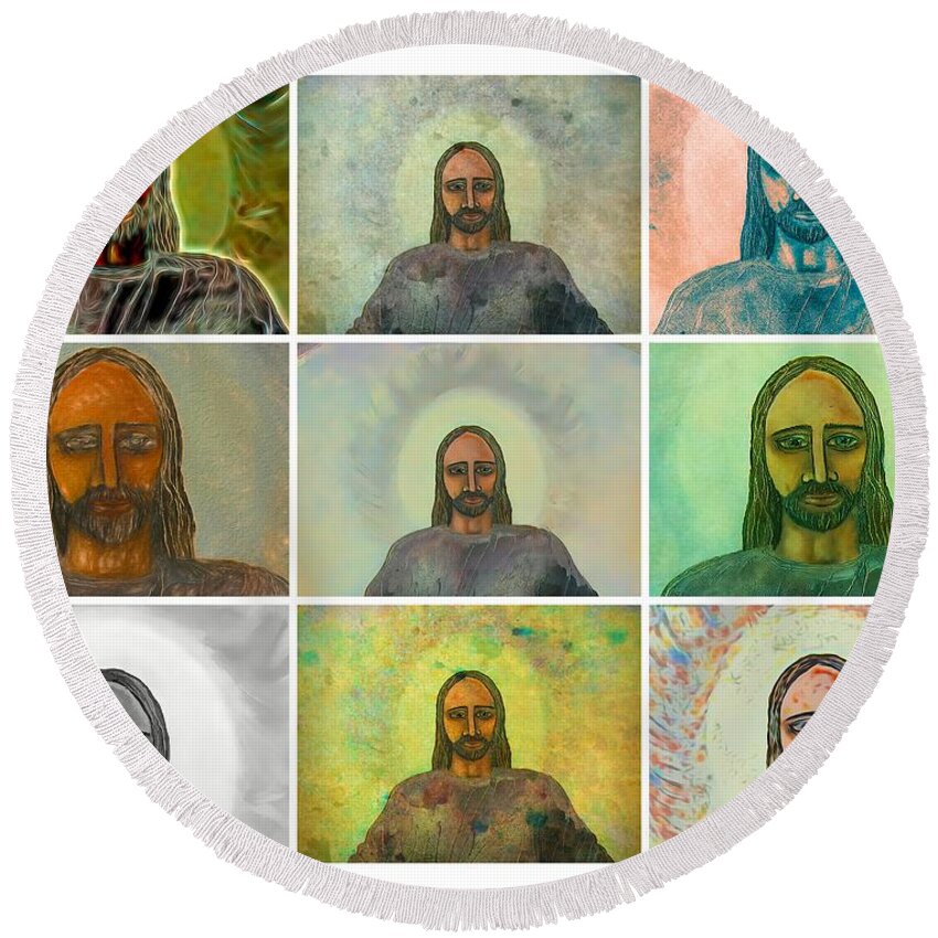 Jesus Round Beach Towel featuring the painting The Windows To Your Soul Panel by Joan Stratton