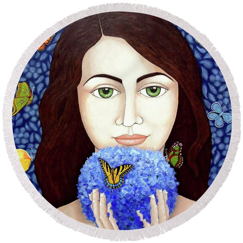 Woman Round Beach Towel featuring the painting The woman who talks with butterflies by Madalena Lobao-Tello