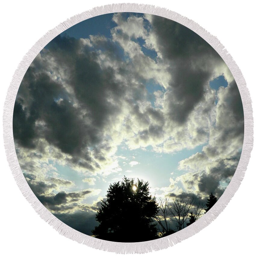 These Clouds Round Beach Towel featuring the photograph These Clouds 5 by Cyryn Fyrcyd