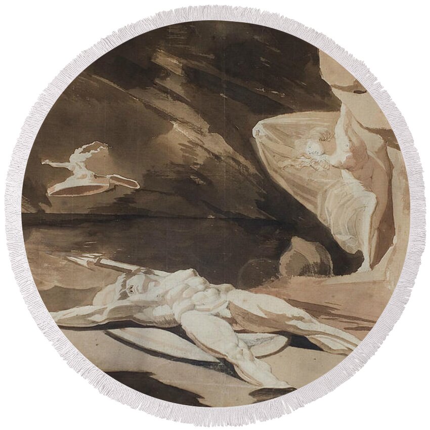 18th Century Art Round Beach Towel featuring the drawing Thetis Mourning the Body of Achilles by Henry Fuseli
